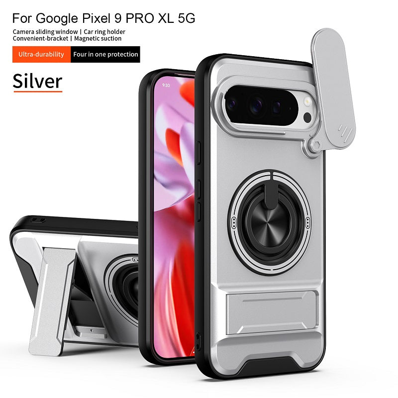 Luxury Slide Camera Lens Cover Case for Google Pixel 9 Pro XL, Built-in Ring Stand and Folding Stand Magnetic Protective Case