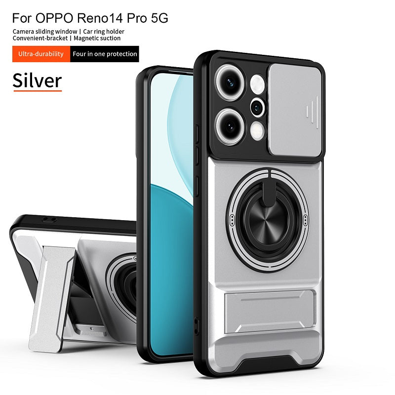 Luxury Slide Camera Lens Cover Case for OPPO Reno 14 Pro 5G, Built-in Ring Stand and Folding Stand Magnetic Protective Case