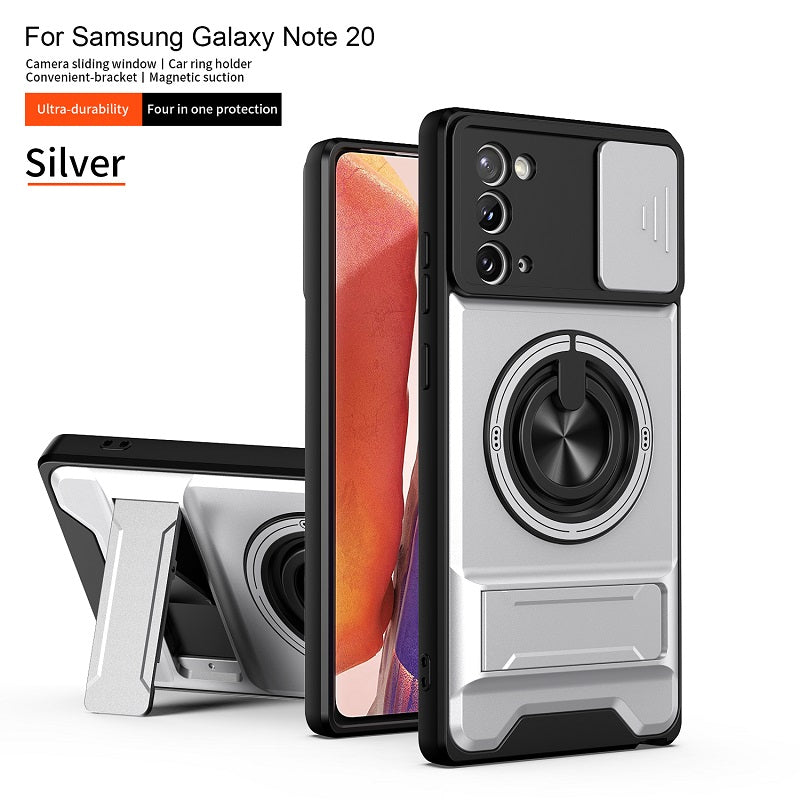 Luxury Slide Camera Lens Cover Case for Samsung Galaxy Note 20, Built-in Ring Stand and Folding Stand Magnetic Protective Case