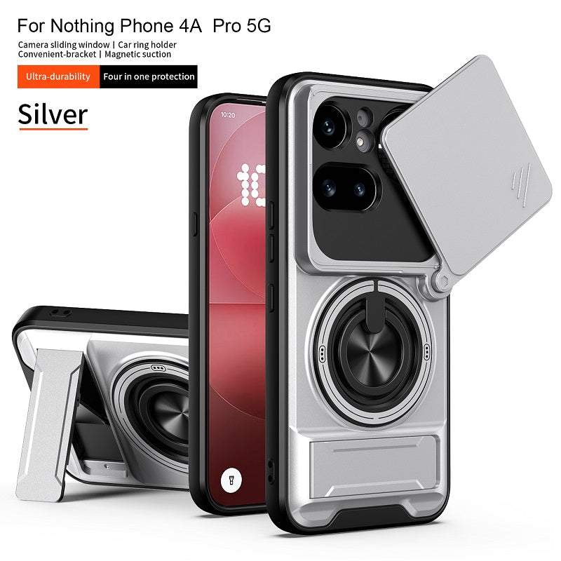 Luxury Slide Camera Lens Cover Case for Nothing Phone (4a) Pro 5G, Built-in Ring Stand and Folding Stand Magnetic Protective Case
