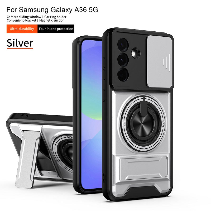 Luxury Slide Camera Lens Cover Case for Samsung Galaxy A36 5G, Built-in Ring Stand and Folding Stand Magnetic Protective Case