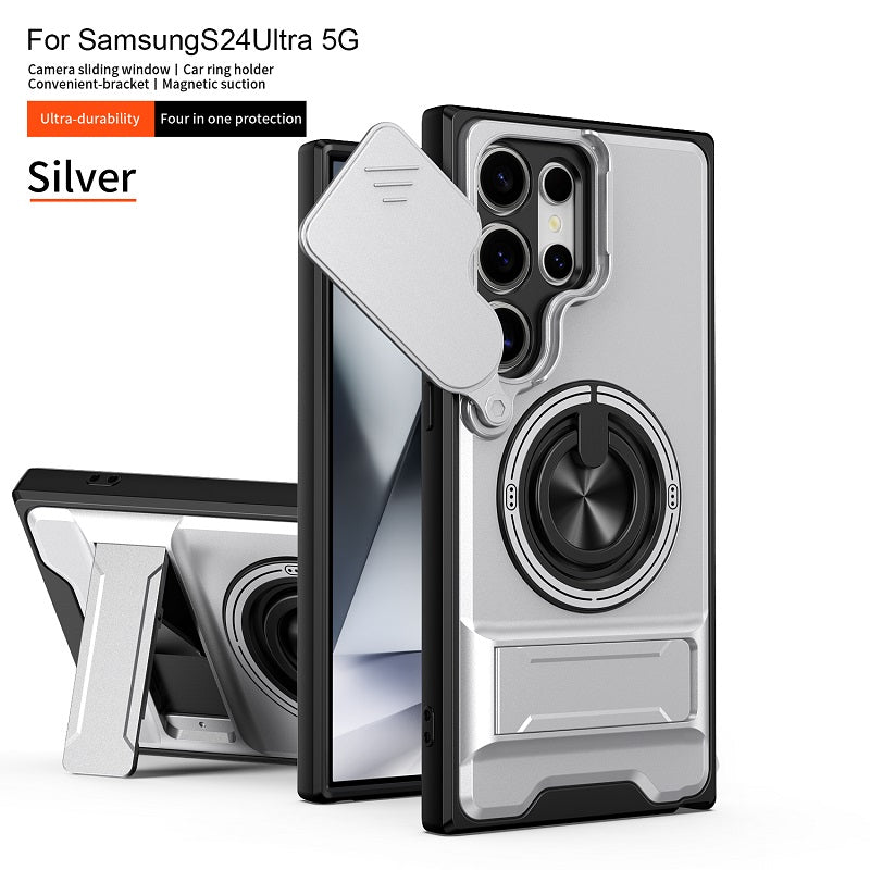 Luxury Slide Camera Lens Cover Case for Samsung Galaxy S24 Ultra, Built-in Ring Stand and Folding Stand Magnetic Protective Case