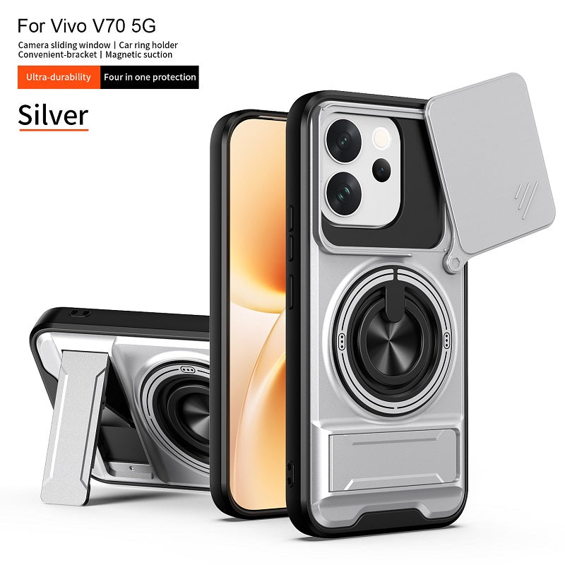 Luxury Slide Camera Lens Cover Case for Vivo V70 5G, Built-in Ring Stand and Folding Stand Magnetic Protective Case