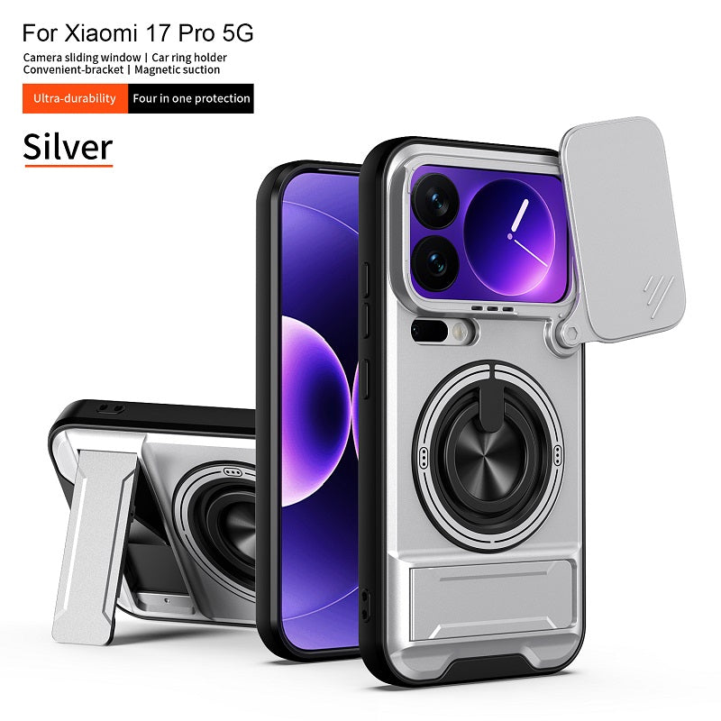 Luxury Slide Camera Lens Cover Case for Xiaomi 17 Pro, Built-in Ring Stand and Folding Stand Magnetic Protective Case