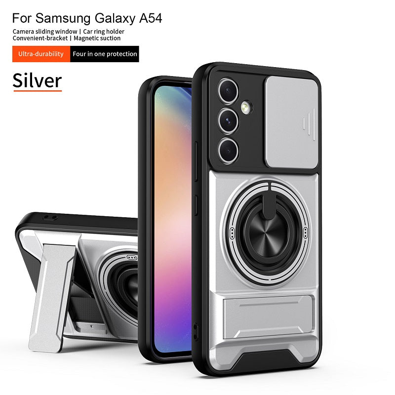 Luxury Slide Camera Lens Cover Case for Samsung Galaxy A54 5G, Built-in Ring Stand and Folding Stand Magnetic Protective Case