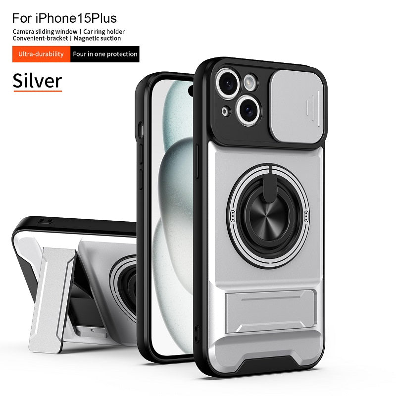 Luxury Slide Camera Lens Cover Case for iPhone 15 Plus, Built-in Ring Stand and Folding Stand Magnetic Protective Case