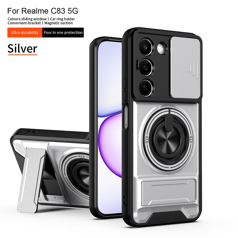 Luxury Slide Camera Lens Cover Case for OPPO Realme C83 5G, Built-in Ring Stand and Folding Stand Magnetic Protective Case