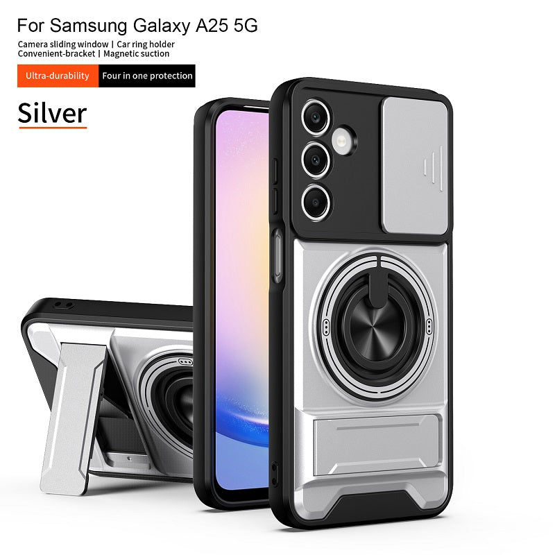 Luxury Slide Camera Lens Cover Case for Samsung Galaxy A25 5G, Built-in Ring Stand and Folding Stand Magnetic Protective Case