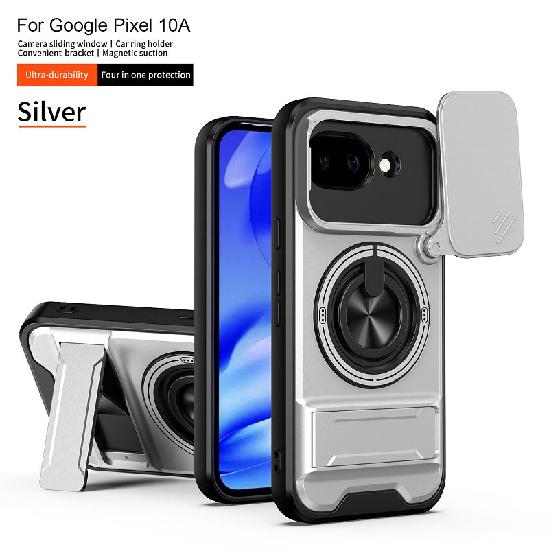 Luxury Slide Camera Lens Cover Case for Google Pixel 10A, Built-in Ring Stand and Folding Stand Magnetic Protective Case