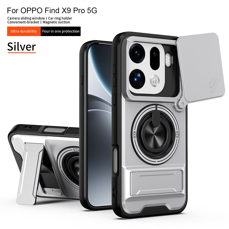 Luxury Slide Camera Lens Cover Case for OPPO Find X9 Pro, Built-in Ring Stand and Folding Stand Magnetic Protective Case