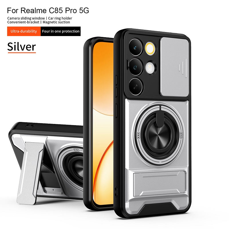 Luxury Slide Camera Lens Cover Case for OPPO Realme C85 Pro 5G, Built-in Ring Stand and Folding Stand Magnetic Protective Case