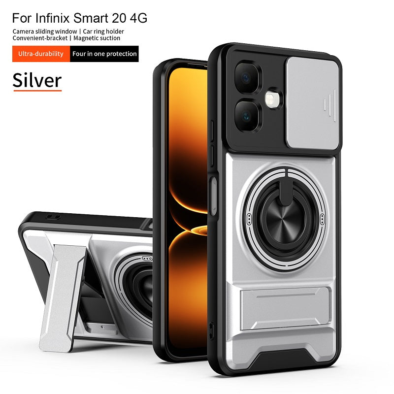 Luxury Slide Camera Lens Cover Case for Infinix Smart 20 4G, Built-in Ring Stand and Folding Stand Magnetic Protective Case
