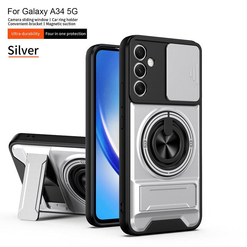 Luxury Slide Camera Lens Cover Case for Samsung Galaxy A34 5G, Built-in Ring Stand and Folding Stand Magnetic Protective Case