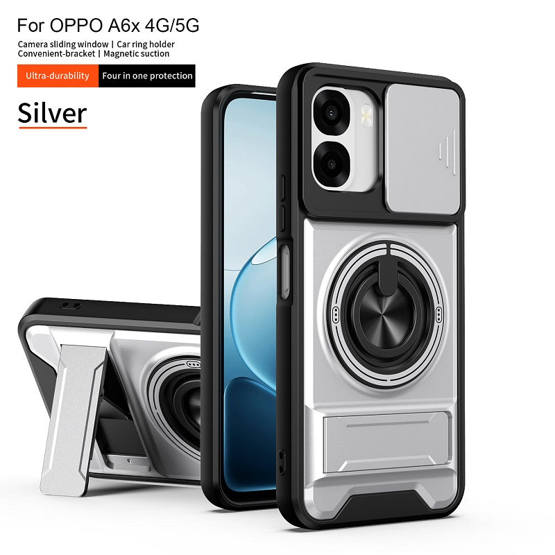 Luxury Slide Camera Lens Cover Case for OPPO A6X 5G/4G, Built-in Ring Stand and Folding Stand Magnetic Protective Case
