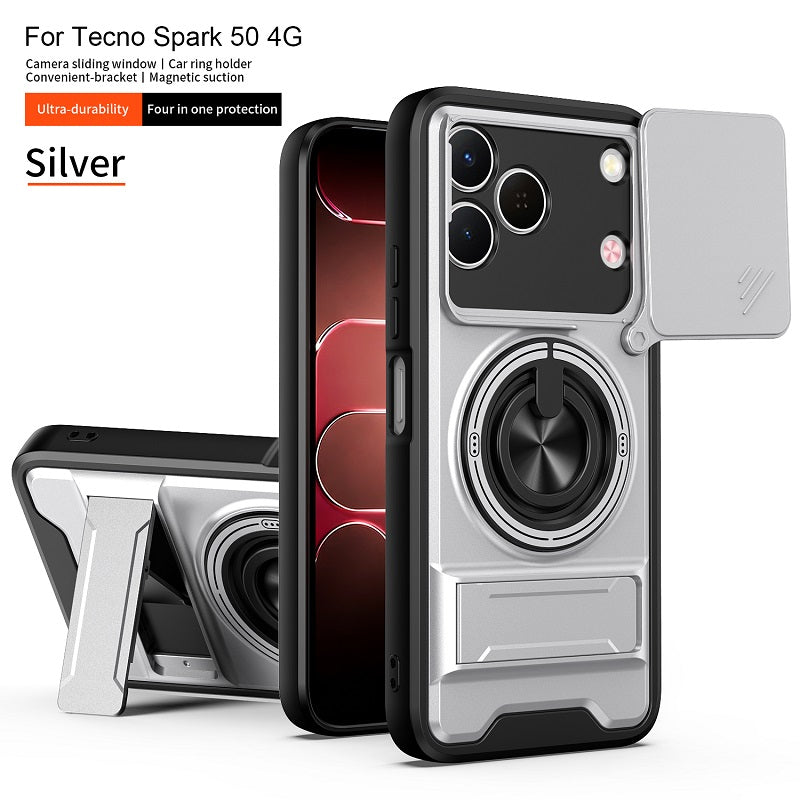 Luxury Slide Camera Lens Cover Case for Tecno Spark 50 4G, Built-in Ring Stand and Folding Stand Magnetic Protective Case
