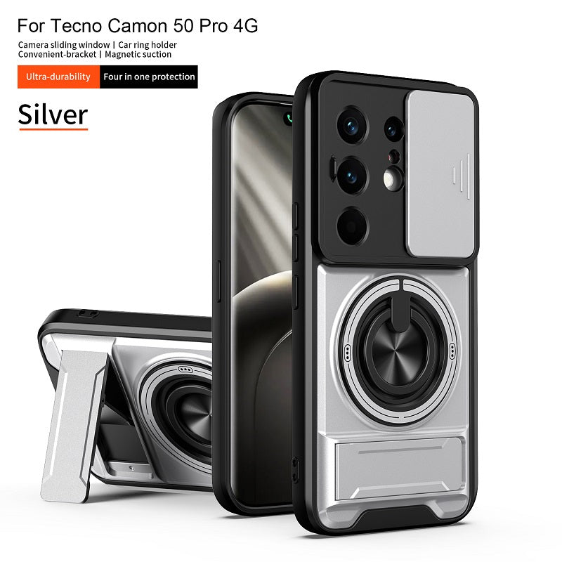 Luxury Slide Camera Lens Cover Case for Tecno Camon 50 Pro 4G, Built-in Ring Stand and Folding Stand Magnetic Protective Case
