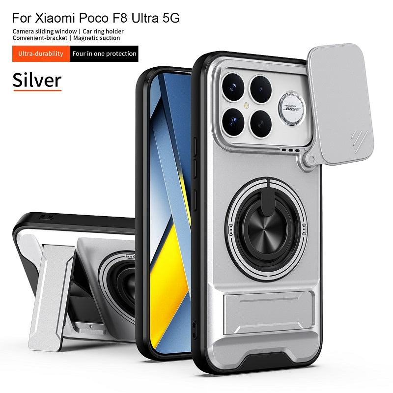 Luxury Slide Camera Lens Cover Case for Xiaomi Poco F8 Ultra, Built-in Ring Stand and Folding Stand Magnetic Protective Case