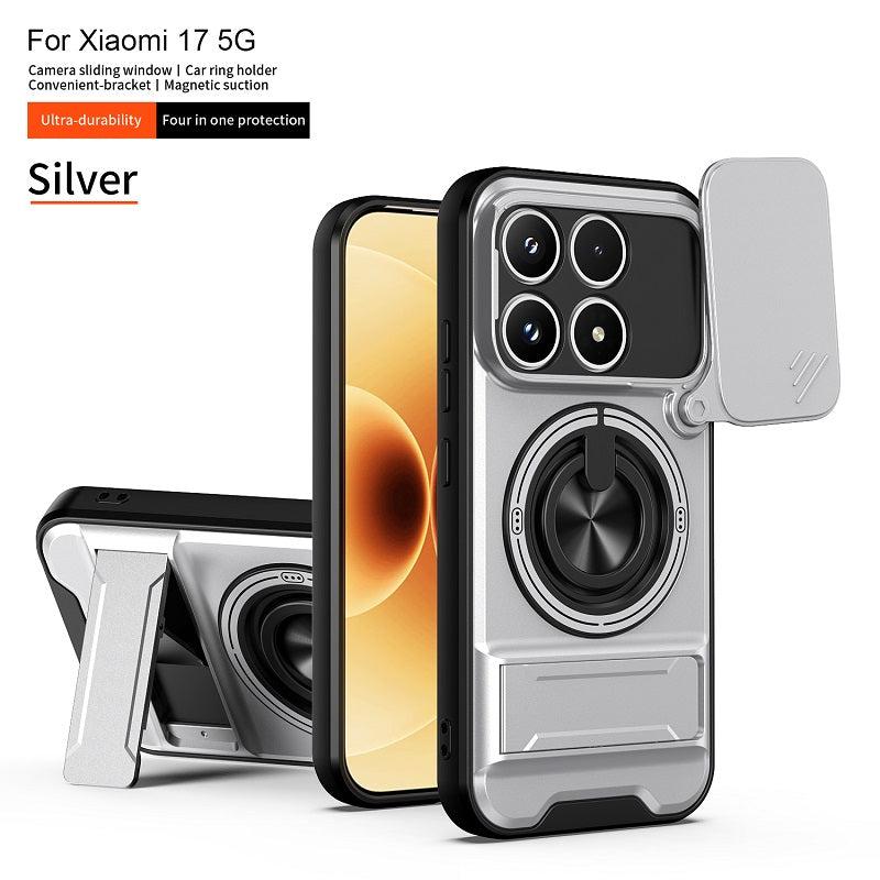 Luxury Slide Camera Lens Cover Case for Xiaomi 17, Built-in Ring Stand and Folding Stand Magnetic Protective Case