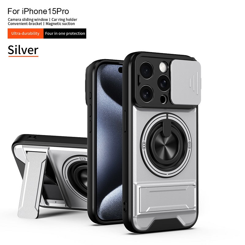Luxury Slide Camera Lens Cover Case for iPhone 15 Pro, Built-in Ring Stand and Folding Stand Magnetic Protective Case