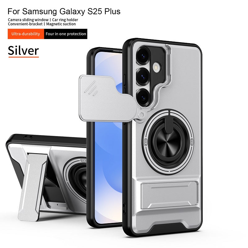 Luxury Slide Camera Lens Cover Case for Samsung Galaxy S25 Plus, Built-in Ring Stand and Folding Stand Magnetic Protective Case
