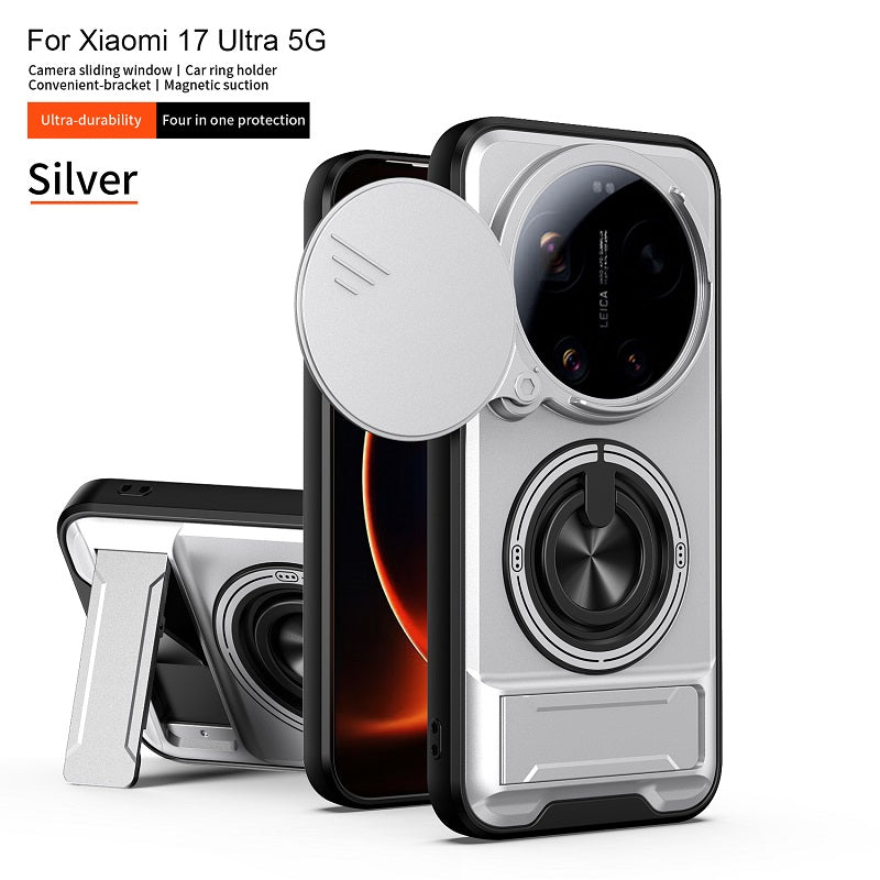 Luxury Slide Camera Lens Cover Case for Xiaomi 17 Ultra 5G, Built-in Ring Stand and Folding Stand Magnetic Protective Case