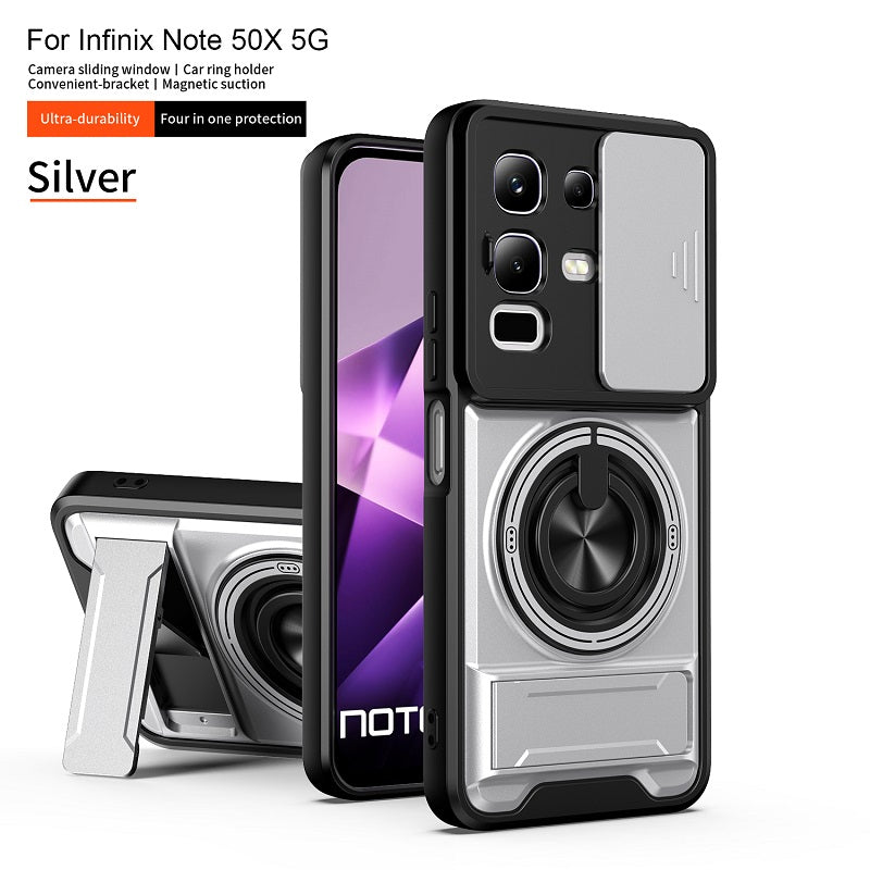 Luxury Slide Camera Lens Cover Case for Infinix Note 50X 5G, Built-in Ring Stand and Folding Stand Magnetic Protective Case