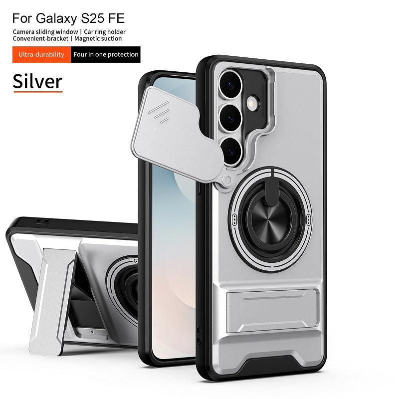 Luxury Slide Camera Lens Cover Case for Samsung Galaxy S25 FE, Built-in Ring Stand and Folding Stand Magnetic Protective Case