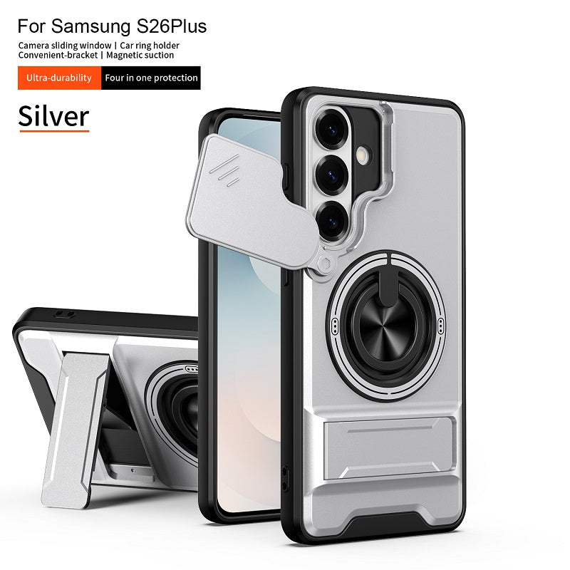 Luxury Slide Camera Lens Cover Case for Samsung Galaxy S26 Plus, Built-in Ring Stand and Folding Stand Magnetic Protective Case