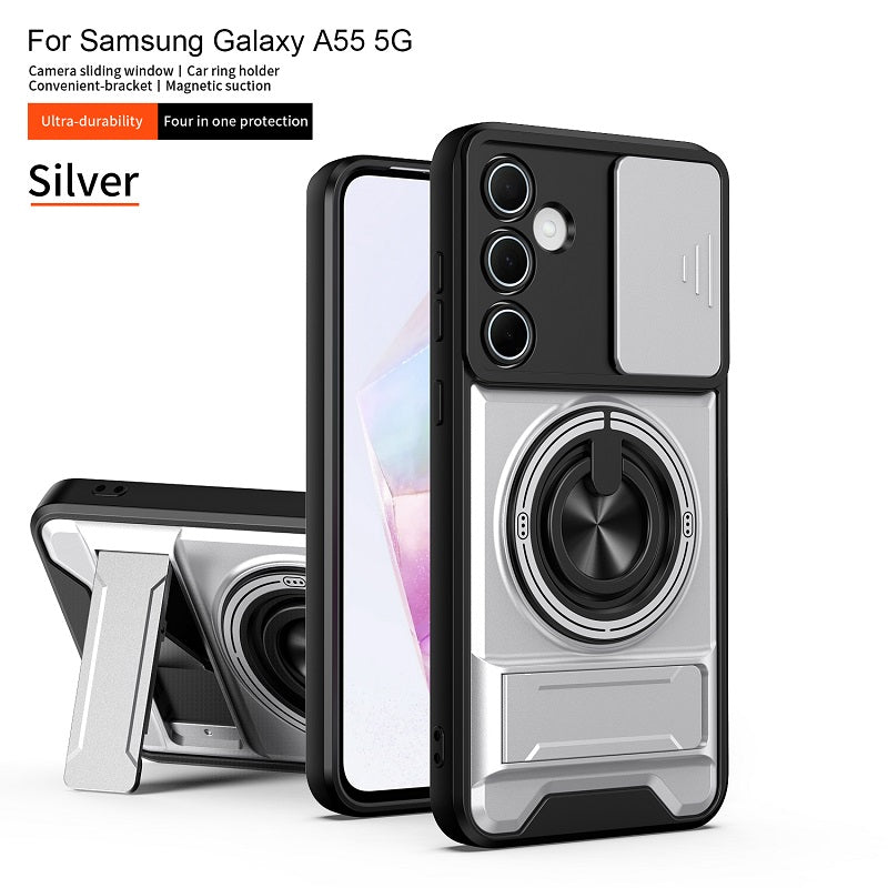 Luxury Slide Camera Lens Cover Case for Samsung Galaxy A55 5G, Built-in Ring Stand and Folding Stand Magnetic Protective Case