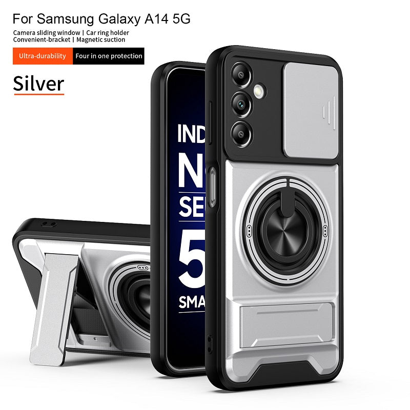 Luxury Slide Camera Lens Cover Case for Samsung Galaxy A14 5G/4G, Built-in Ring Stand and Folding Stand Magnetic Protective Case
