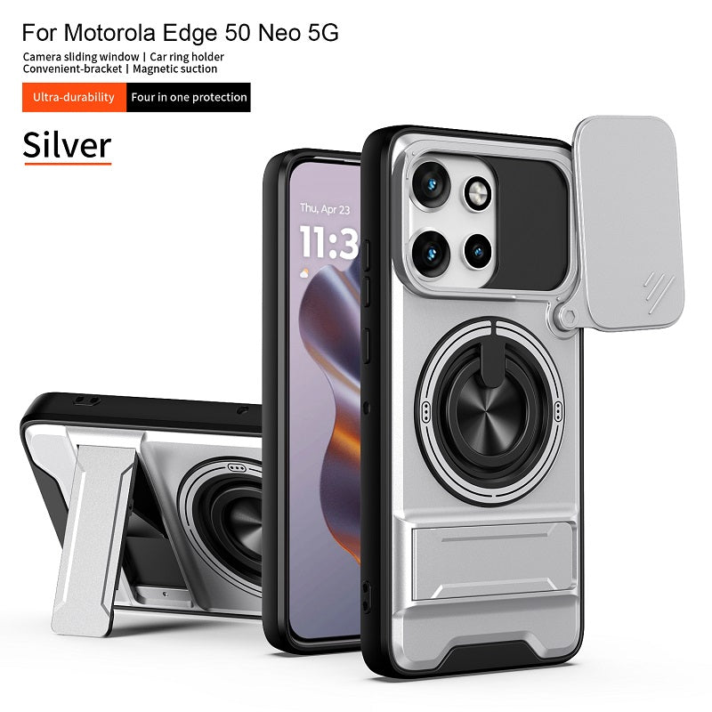 Luxury Slide Camera Lens Cover Case for Motorola Edge 50 Neo 5G, Built-in Ring Stand and Folding Stand Magnetic Protective Case