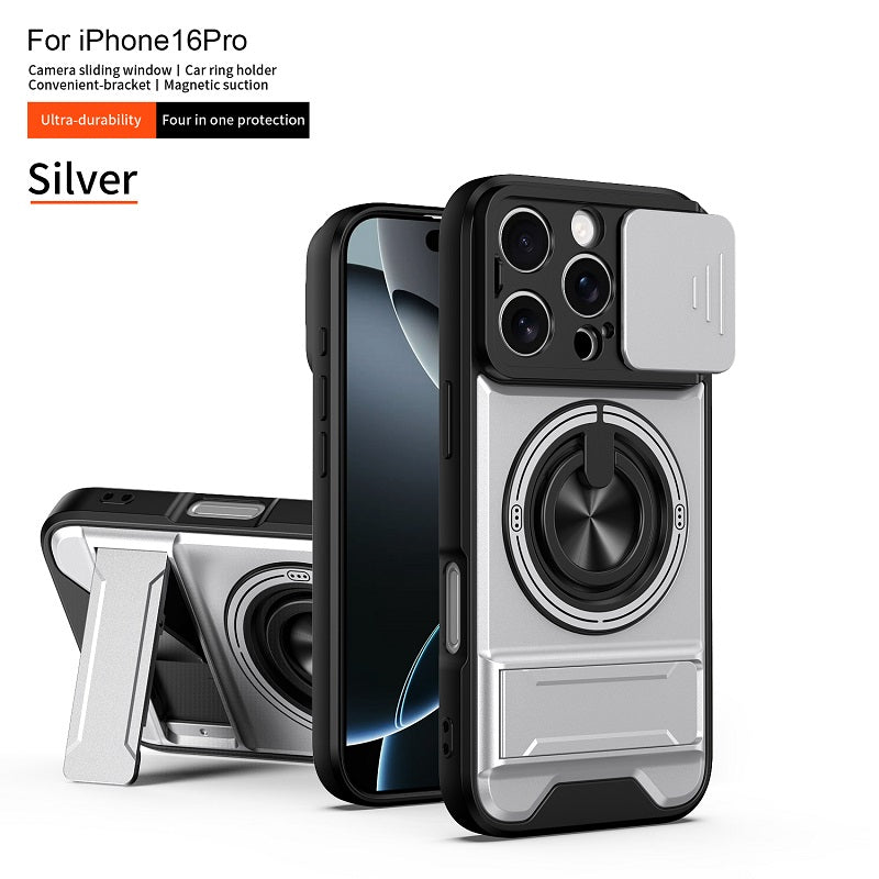 Luxury Slide Camera Lens Cover Case for iPhone 16 Pro, Built-in Ring Stand and Folding Stand Magnetic Protective Case