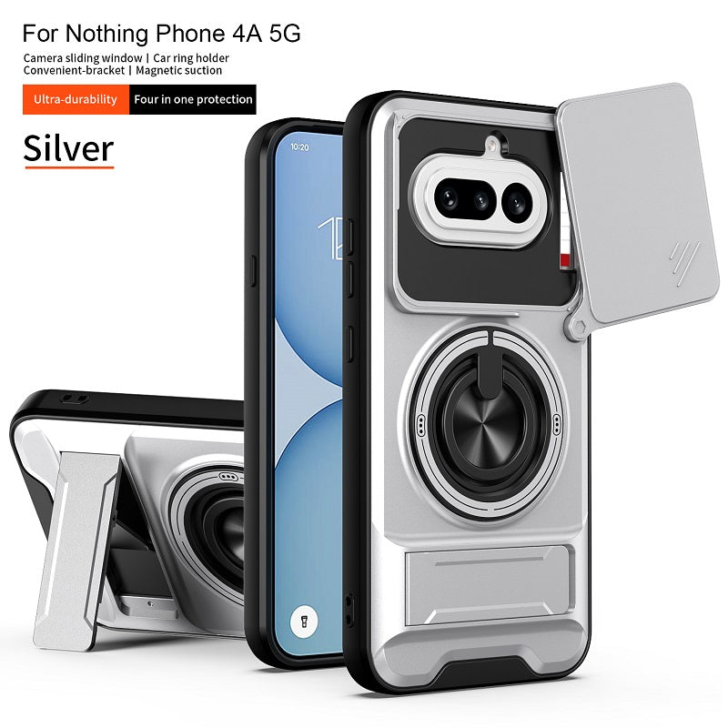 Luxury Slide Camera Lens Cover Case for Nothing Phone (4a) 5G, Built-in Ring Stand and Folding Stand Magnetic Protective Case