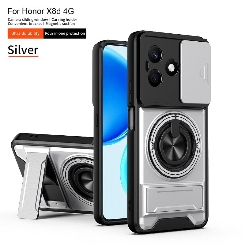 Luxury Slide Camera Lens Cover Case for Honor X8D, Built-in Ring Stand and Folding Stand Magnetic Protective Case