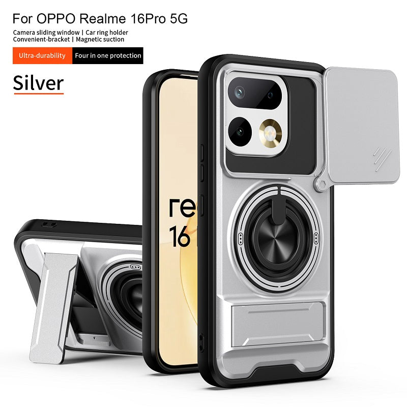 Luxury Slide Camera Lens Cover Case for OPPO Realme 16 Pro 5G, Built-in Ring Stand and Folding Stand Magnetic Protective Case