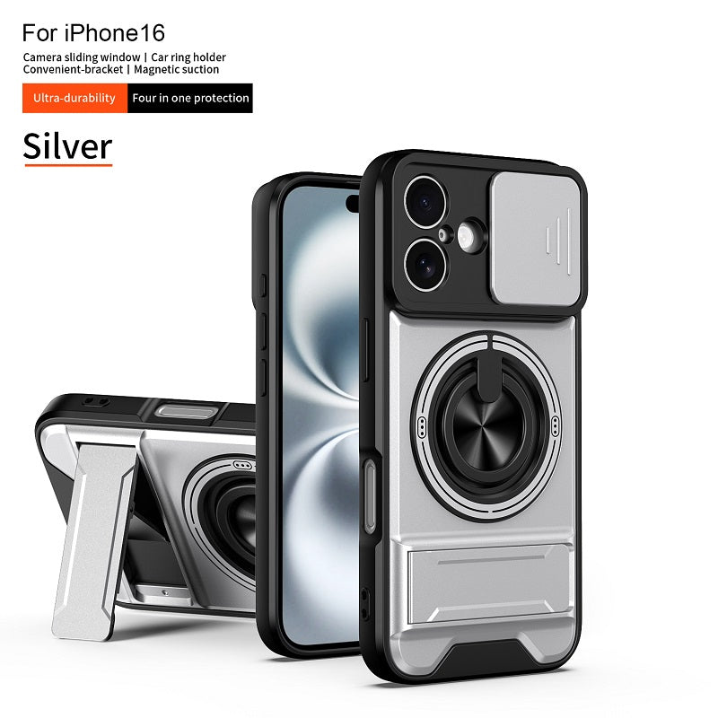 Luxury Slide Camera Lens Cover Case for iPhone 16, Built-in Ring Stand and Folding Stand Magnetic Protective Case