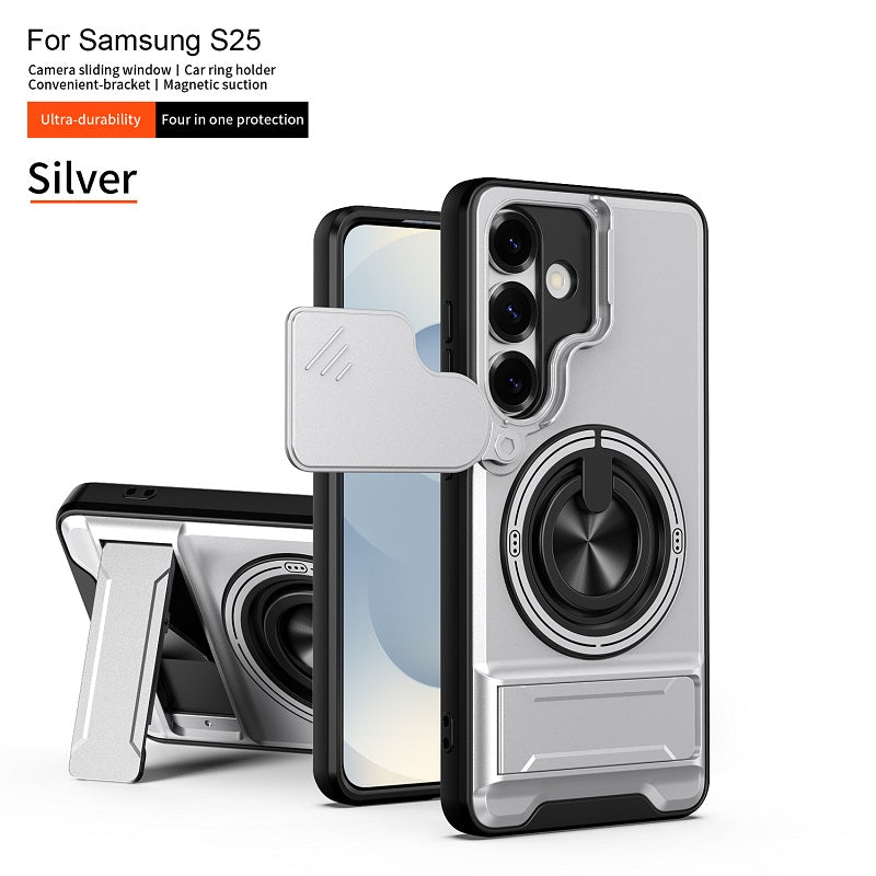 Luxury Slide Camera Lens Cover Case for Samsung Galaxy S25, Built-in Ring Stand and Folding Stand Magnetic Protective Case