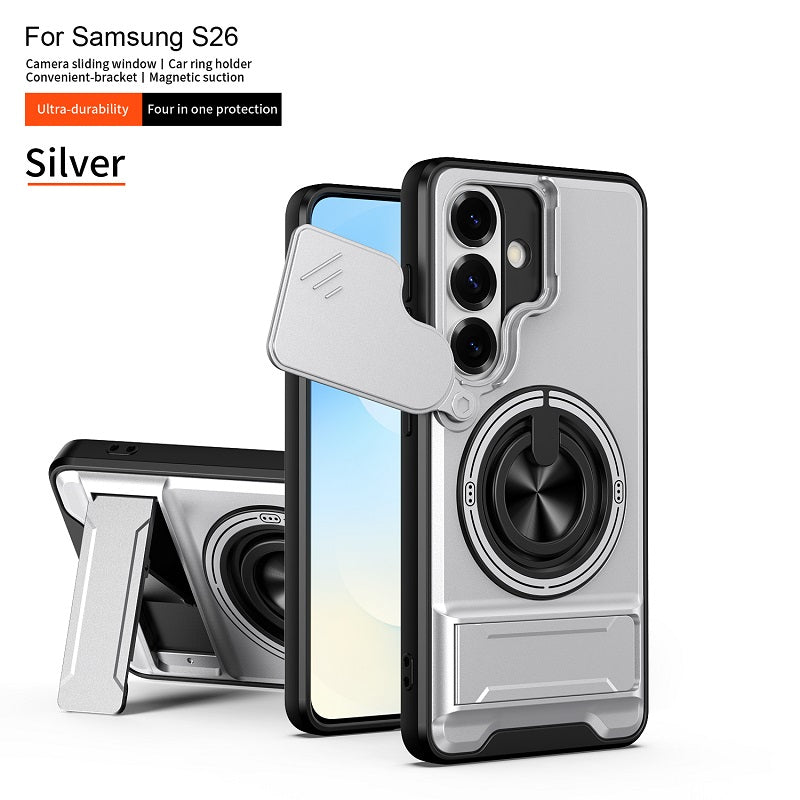 Luxury Slide Camera Lens Cover Case for Samsung Galaxy S26, Built-in Ring Stand and Folding Stand Magnetic Protective Case