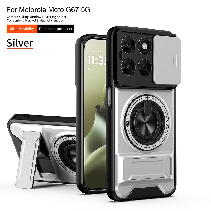Luxury Slide Camera Lens Cover Case for Motorola Moto G67 5G, Built-in Ring Stand and Folding Stand Magnetic Protective Case