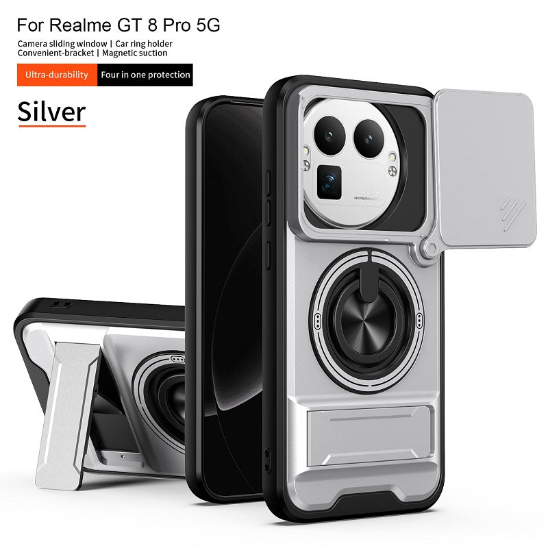 Luxury Slide Camera Lens Cover Case for OPPO Realme GT 8 Pro 5G, Built-in Ring Stand and Folding Stand Magnetic Protective Case