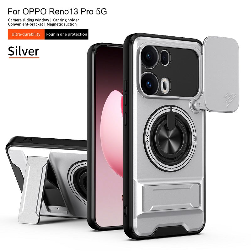 Luxury Slide Camera Lens Cover Case for OPPO Reno 13 Pro 5G, Built-in Ring Stand and Folding Stand Magnetic Protective Case