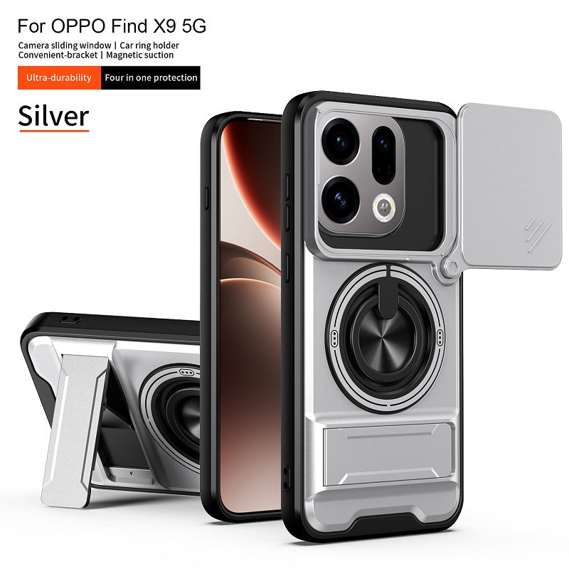 Luxury Slide Camera Lens Cover Case for OPPO Find X9, Built-in Ring Stand and Folding Stand Magnetic Protective Case