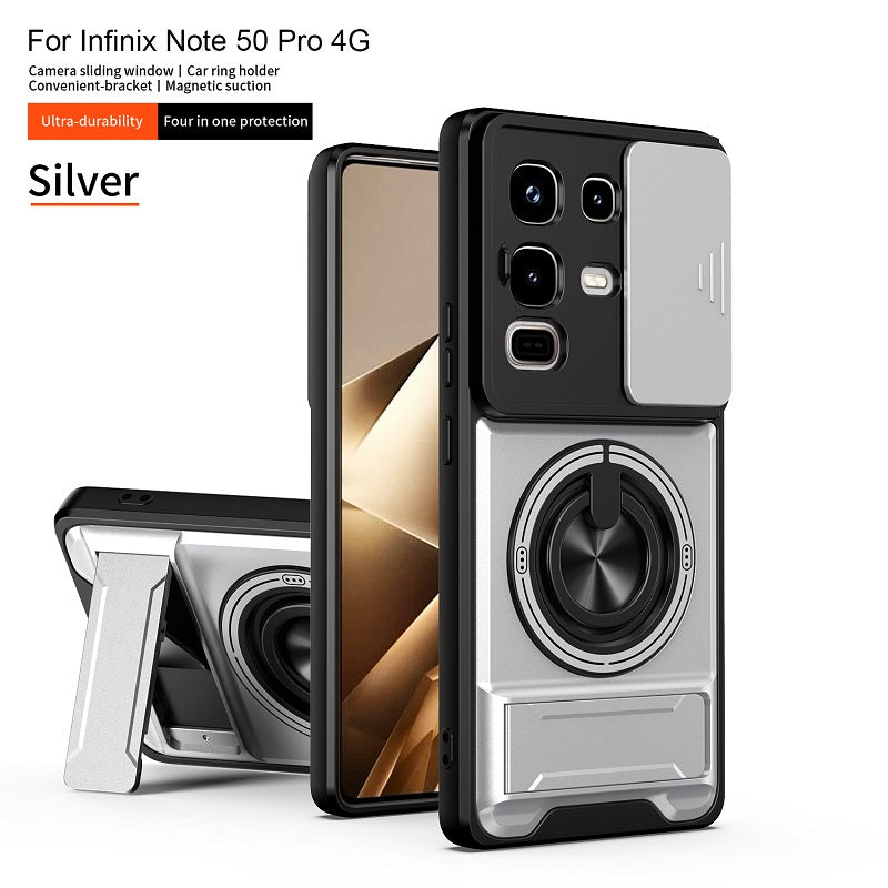 Luxury Slide Camera Lens Cover Case for Infinix Note 50 Pro 4G/Note 50 4G, Built-in Ring Stand and Folding Stand Magnetic Protective Case