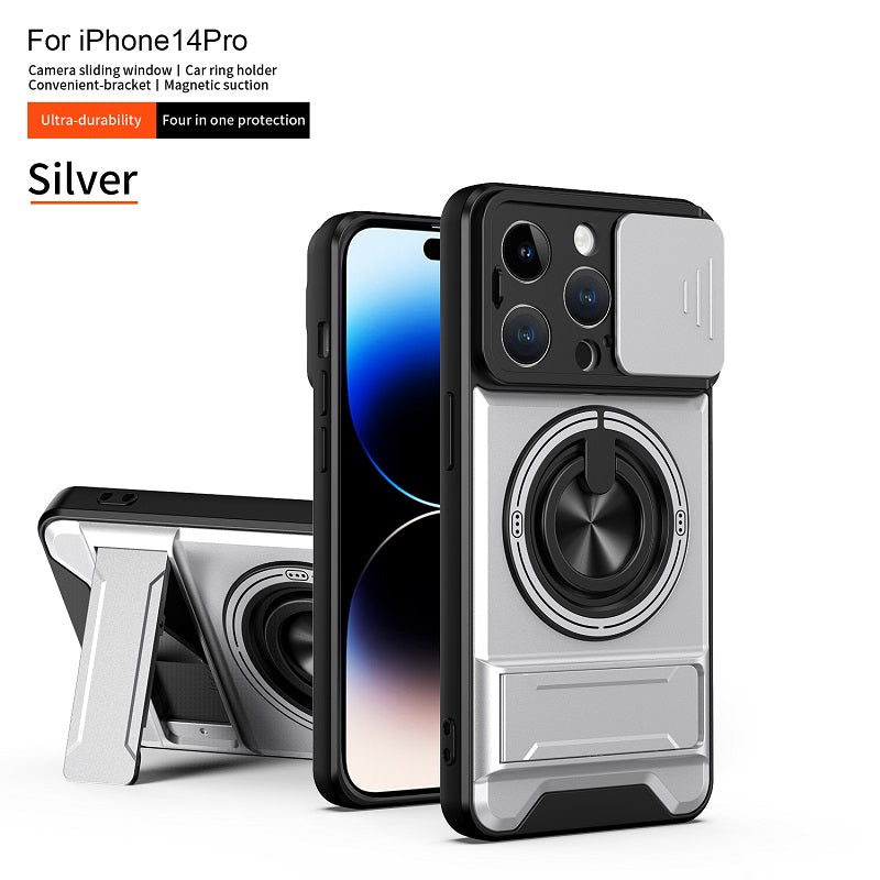Luxury Slide Camera Lens Cover Case for iPhone 14 Pro, Built-in Ring Stand and Folding Stand Magnetic Protective Case