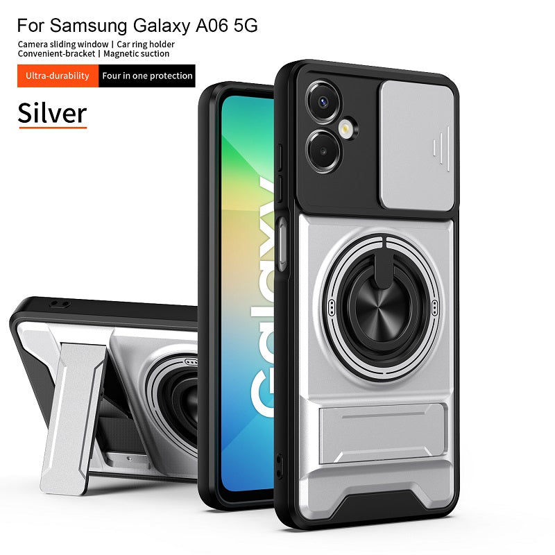Luxury Slide Camera Lens Cover Case for Samsung Galaxy A06 5G/4G, Built-in Ring Stand and Folding Stand Magnetic Protective Case