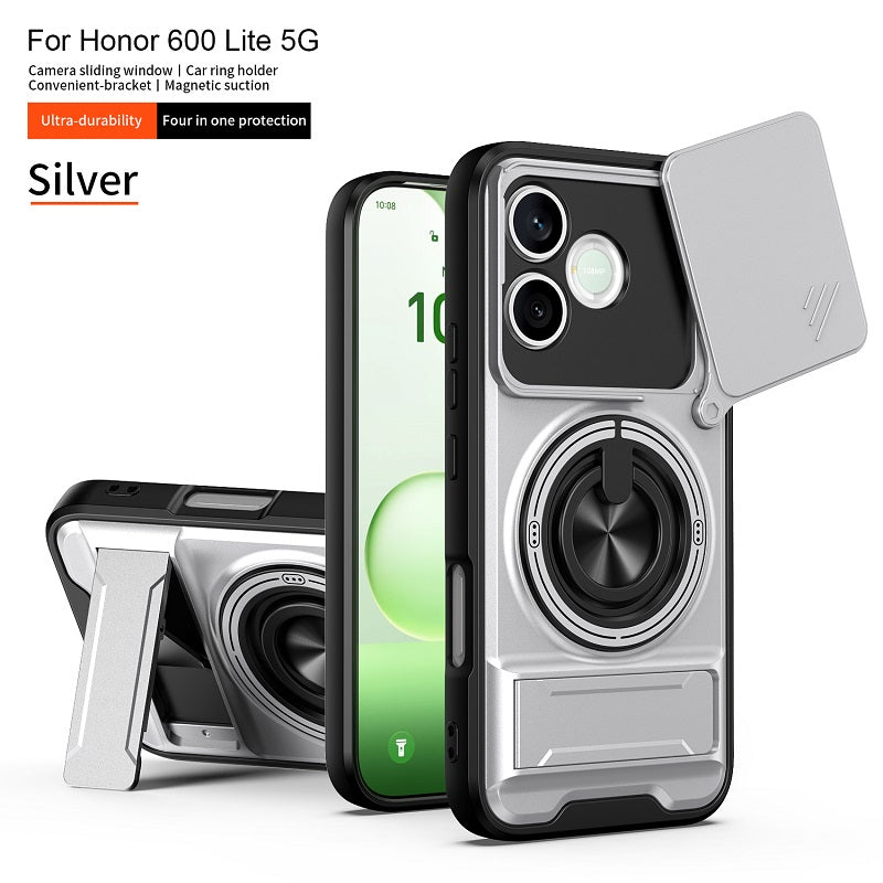Luxury Slide Camera Lens Cover Case for Honor 600 Lite, Built-in Ring Stand and Folding Stand Magnetic Protective Case