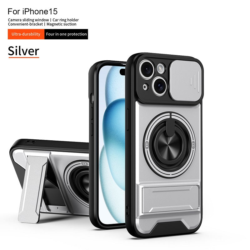 Luxury Slide Camera Lens Cover Case for iPhone 15, Built-in Ring Stand and Folding Stand Magnetic Protective Case