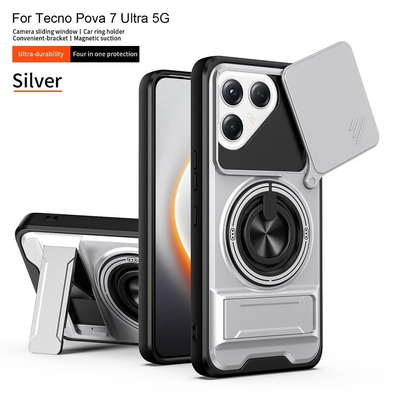 Luxury Slide Camera Lens Cover Case for Tecno Pova 7 Ultra 5G, Built-in Ring Stand and Folding Stand Magnetic Protective Case