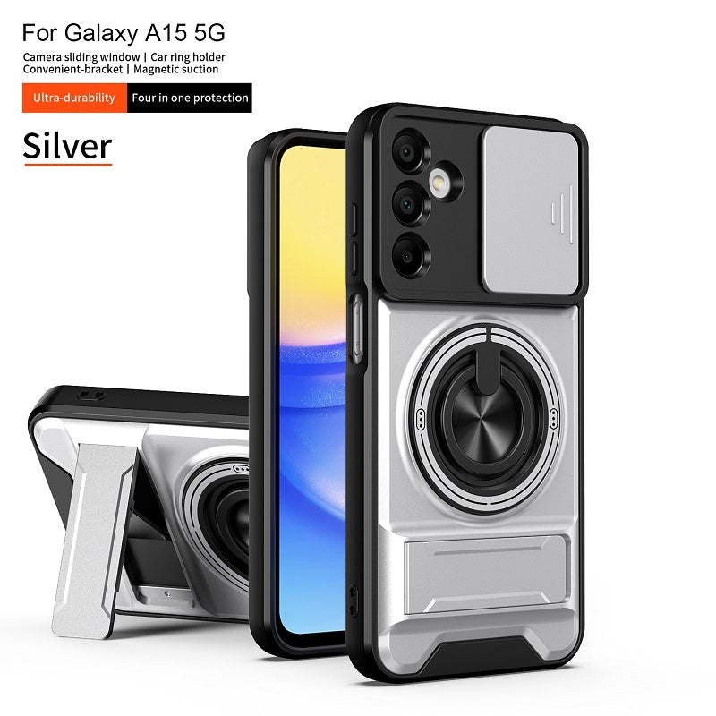 Luxury Slide Camera Lens Cover Case for Samsung Galaxy A15 5G/4G, Built-in Ring Stand and Folding Stand Magnetic Protective Case