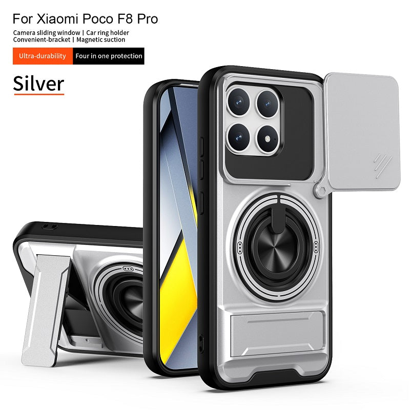 Luxury Slide Camera Lens Cover Case for Xiaomi Poco F8 Pro, Built-in Ring Stand and Folding Stand Magnetic Protective Case